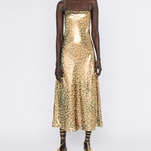 Metallic gold colored leopard-print, size Medium, gown, party, evening.